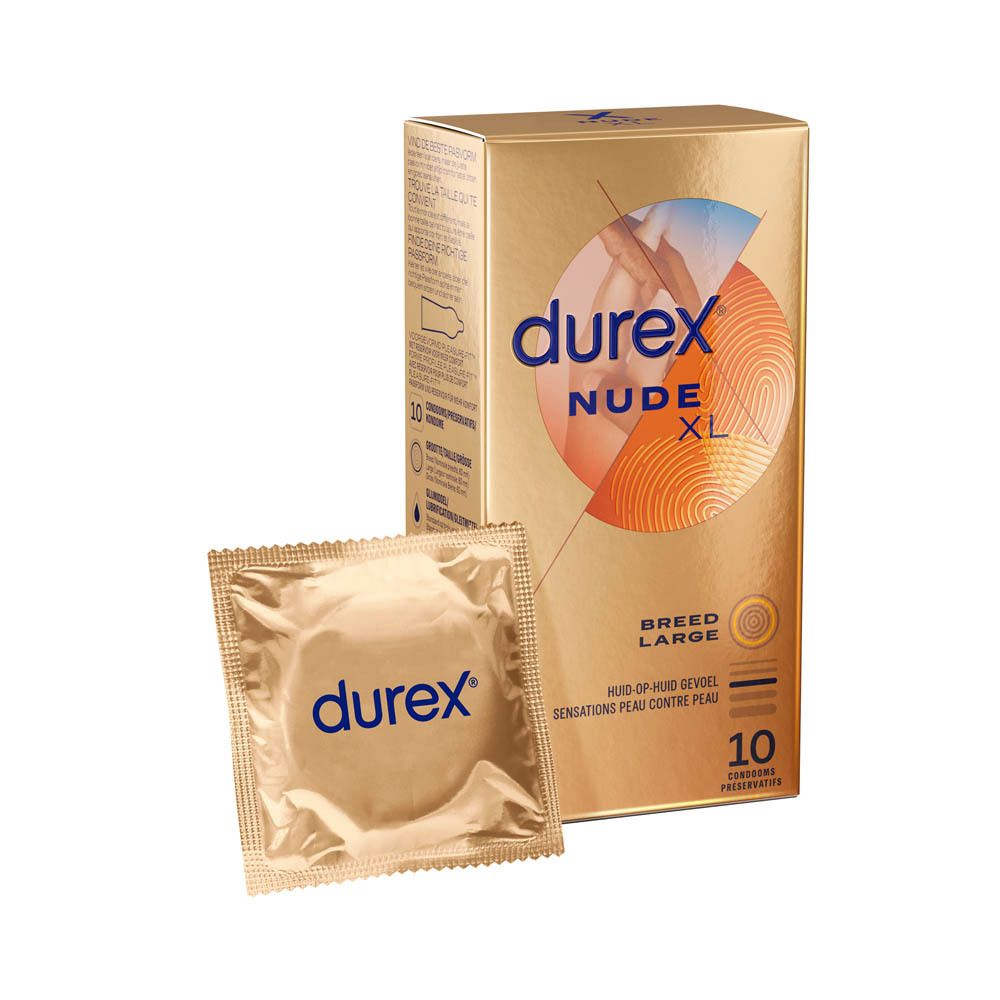 Paquet de préservatifs Durex Nude XL et préservatif individuel. Emballage doré avec logo. Préservatif en sachet.