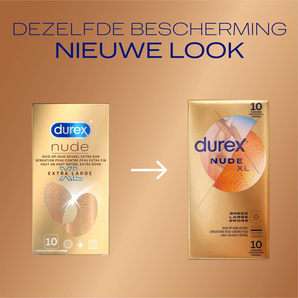Vergelijking van Durex Nude XL verpakkingen. Links: Ouder ontwerp. Rechts: Nieuw ontwerp.
