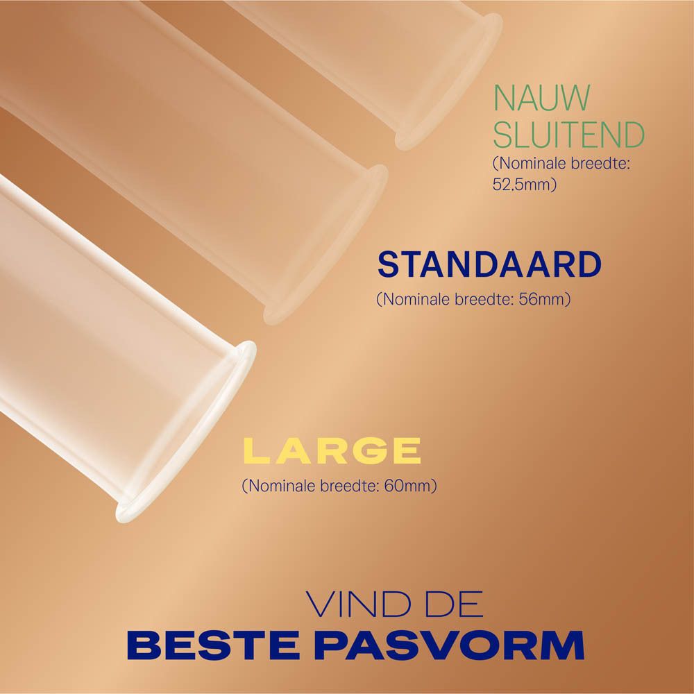 Drie condooms naast elkaar. Maten: Nauwsluitend, Standaard, Large. Tekst: Vind de beste pasvorm.