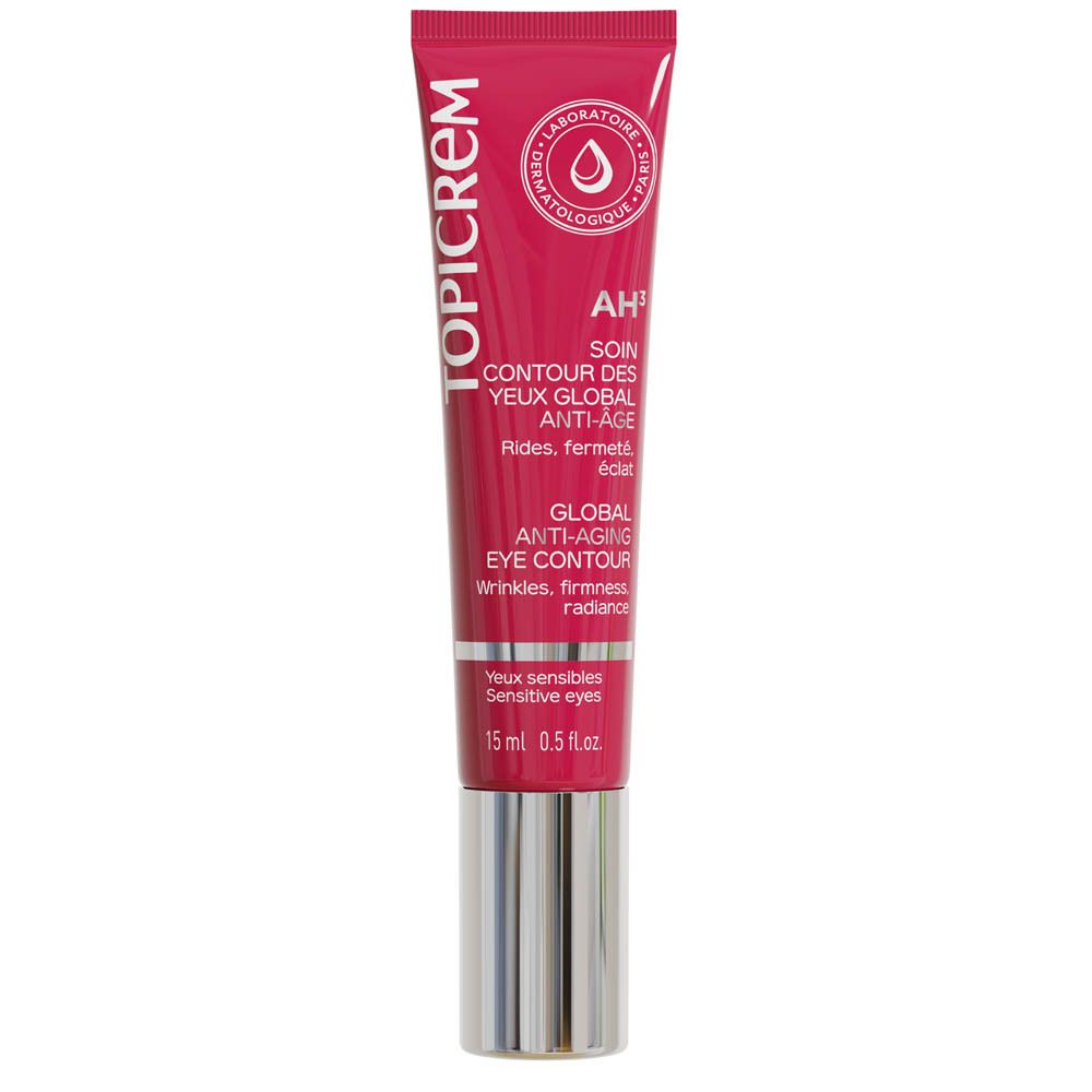 Rode tube met zilveren dop. Tekst: TOPICREM, SOIN CONTOUR DES YEUX ANTI-ÂGE GLOBAL. 15 ml.