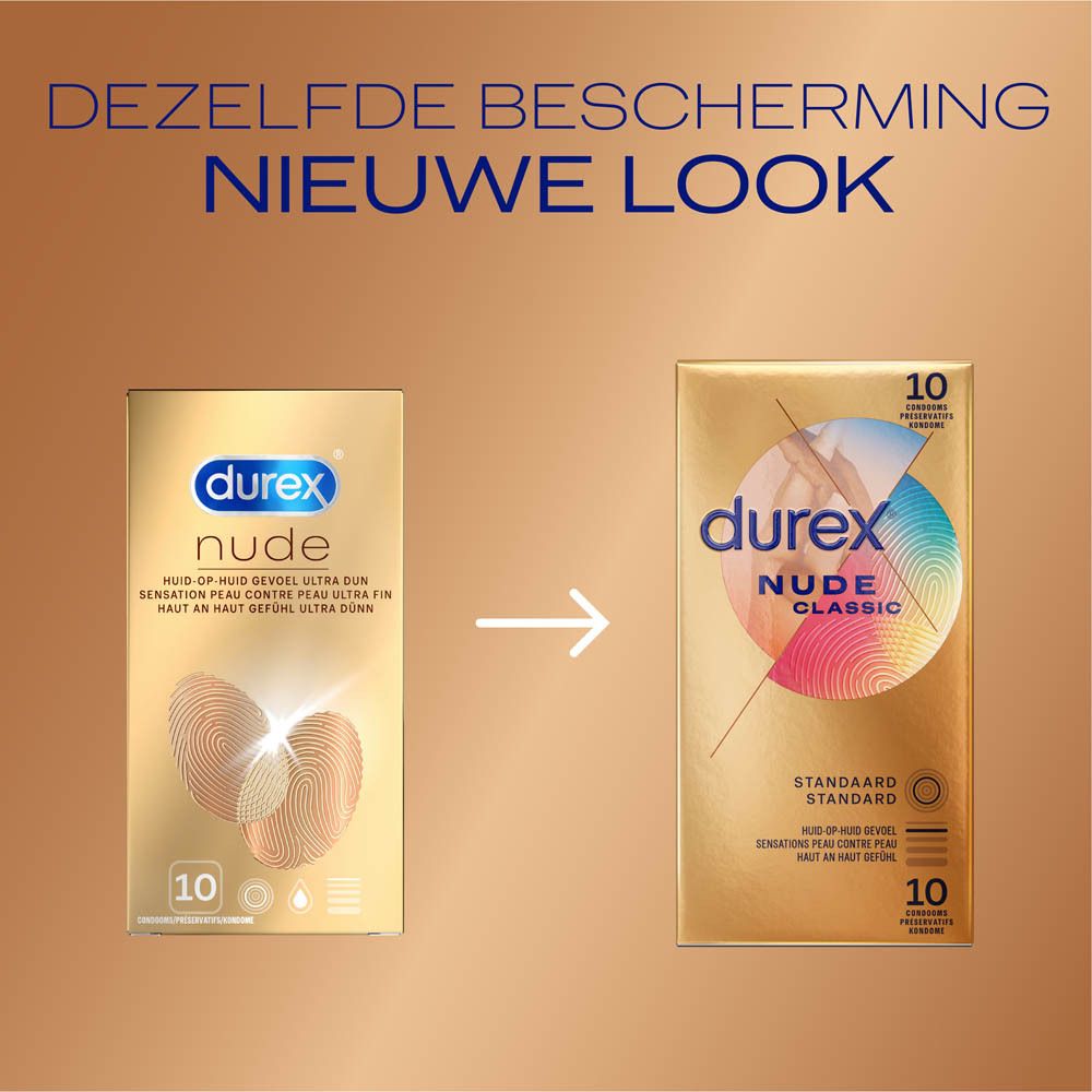Vergelijking van twee durex Nude Classic verpakkingen. Links de oude, rechts de nieuwe verpakking.