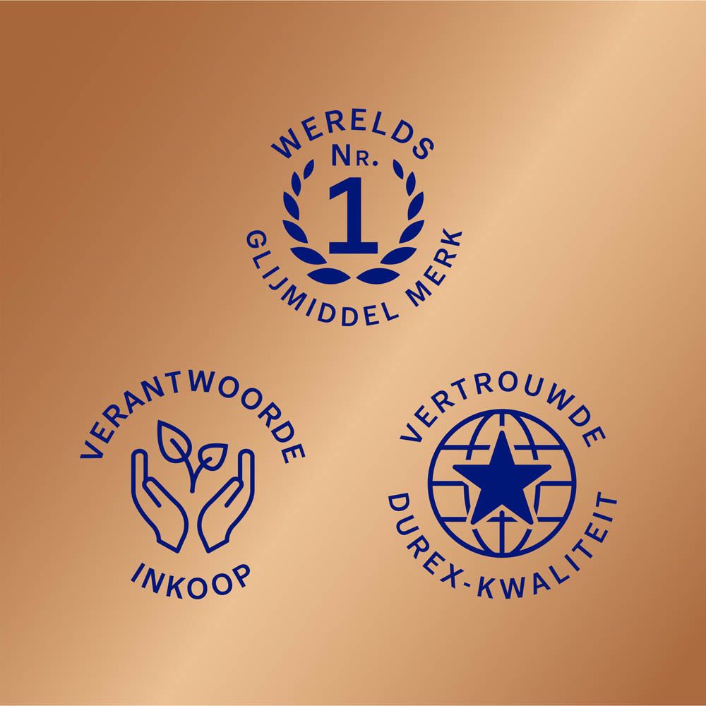Drie logo's: Wereldwijd nr. 1 glijmiddelmerk, Verantwoord inkopen, Vertrouwde Durex-kwaliteit.