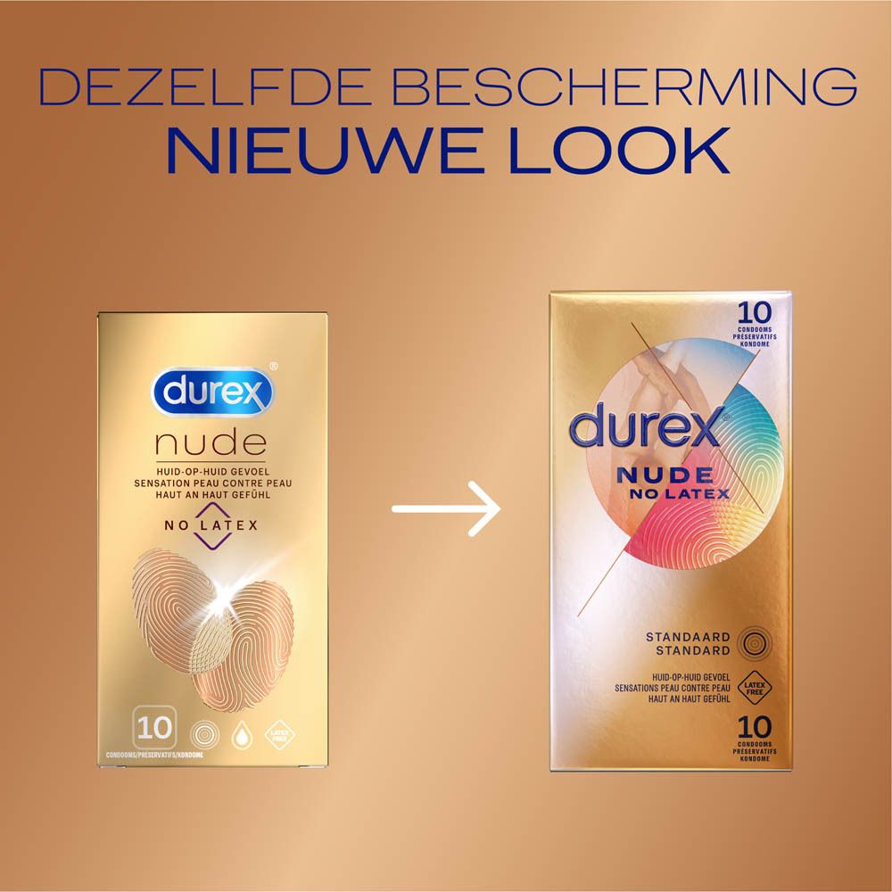 Vergelijking van twee condoomverpakkingen. Links: ouder ontwerp. Rechts: nieuw ontwerp. Tekst.