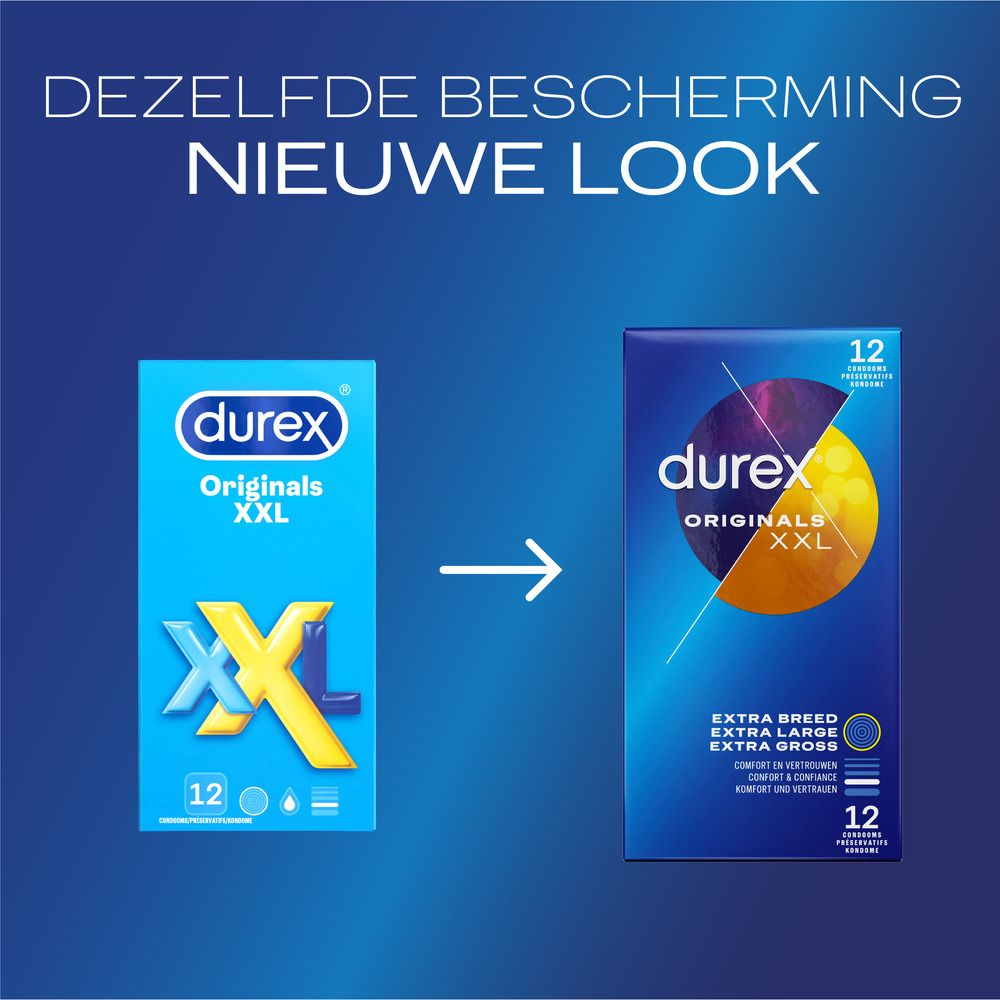 Vergelijking van de oude en nieuwe Durex Originals XXL-verpakking. Blauwe achtergrond.