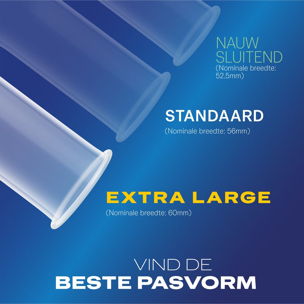Illustratie van condooms in verschillende maten. Tekst: Extra Large. Blauwe achtergrond.