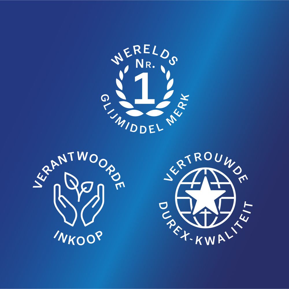 Drie logo's: Wereldwijd nr. 1 glijmiddelmerk, Verantwoord inkopen, Durex-kwaliteit. Blauw.