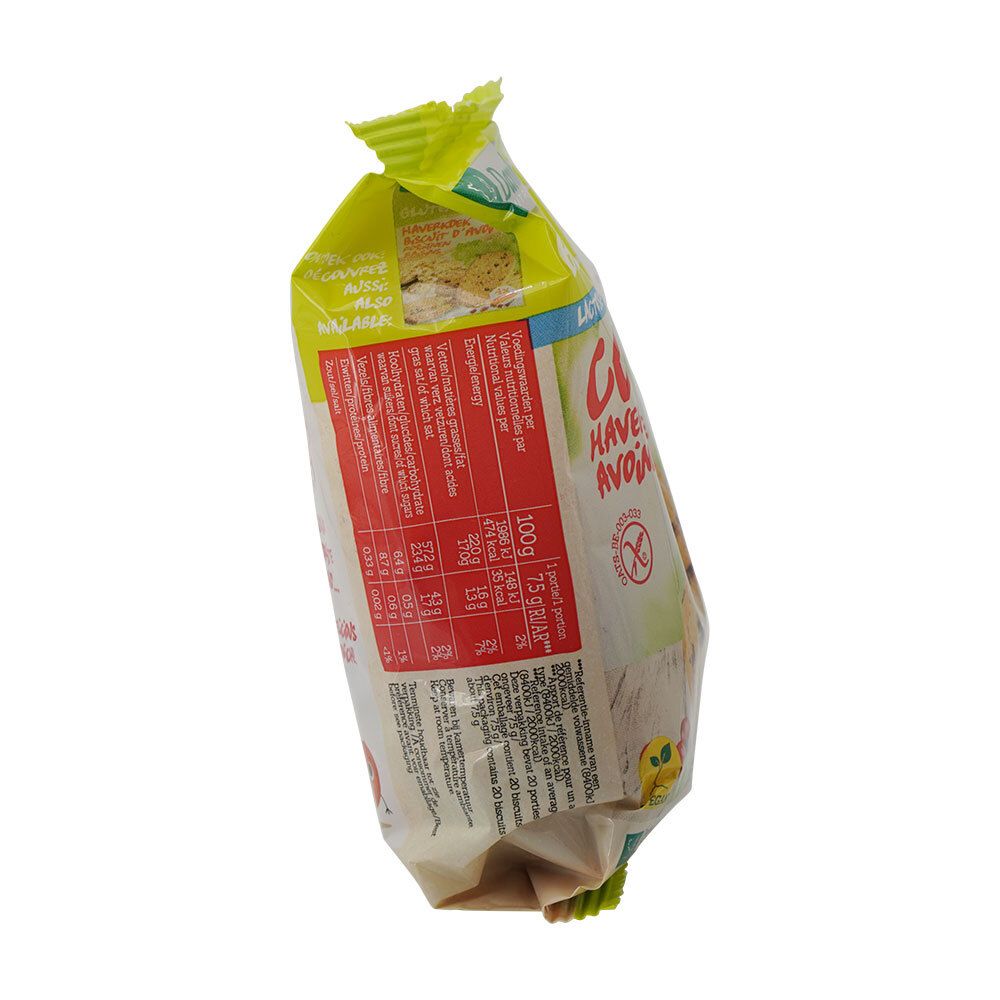 Verpakking van koekjes. Opschrift: Glutenvrij, haverkoekjes. Achterkant met voedingswaarde en ingrediëntenlijst.