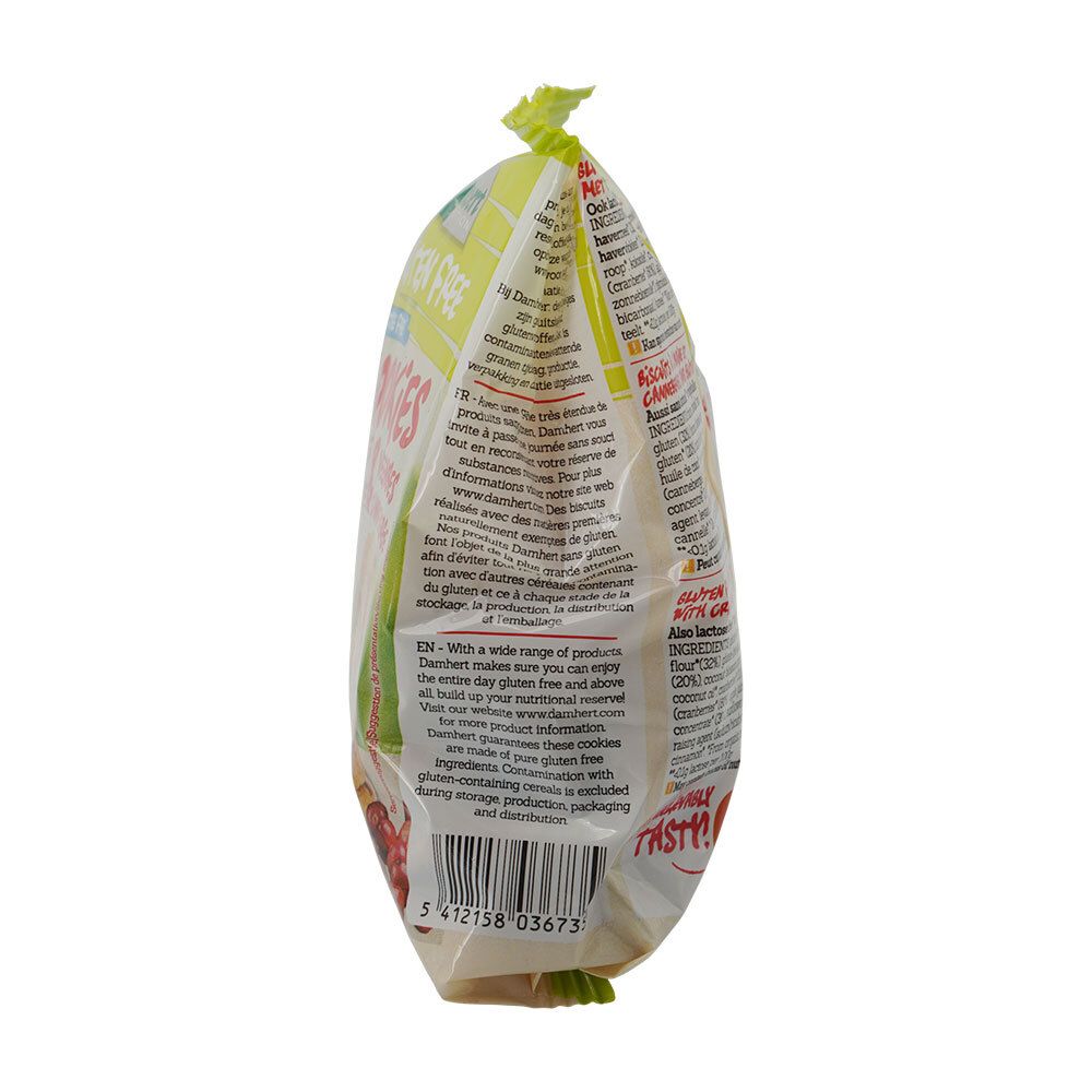 Koekjesverpakking. Opschrift: Glutenvrij, haverkoekjes. Zijaanzicht met ingrediëntenlijst en voedingswaarde. Bio-label.