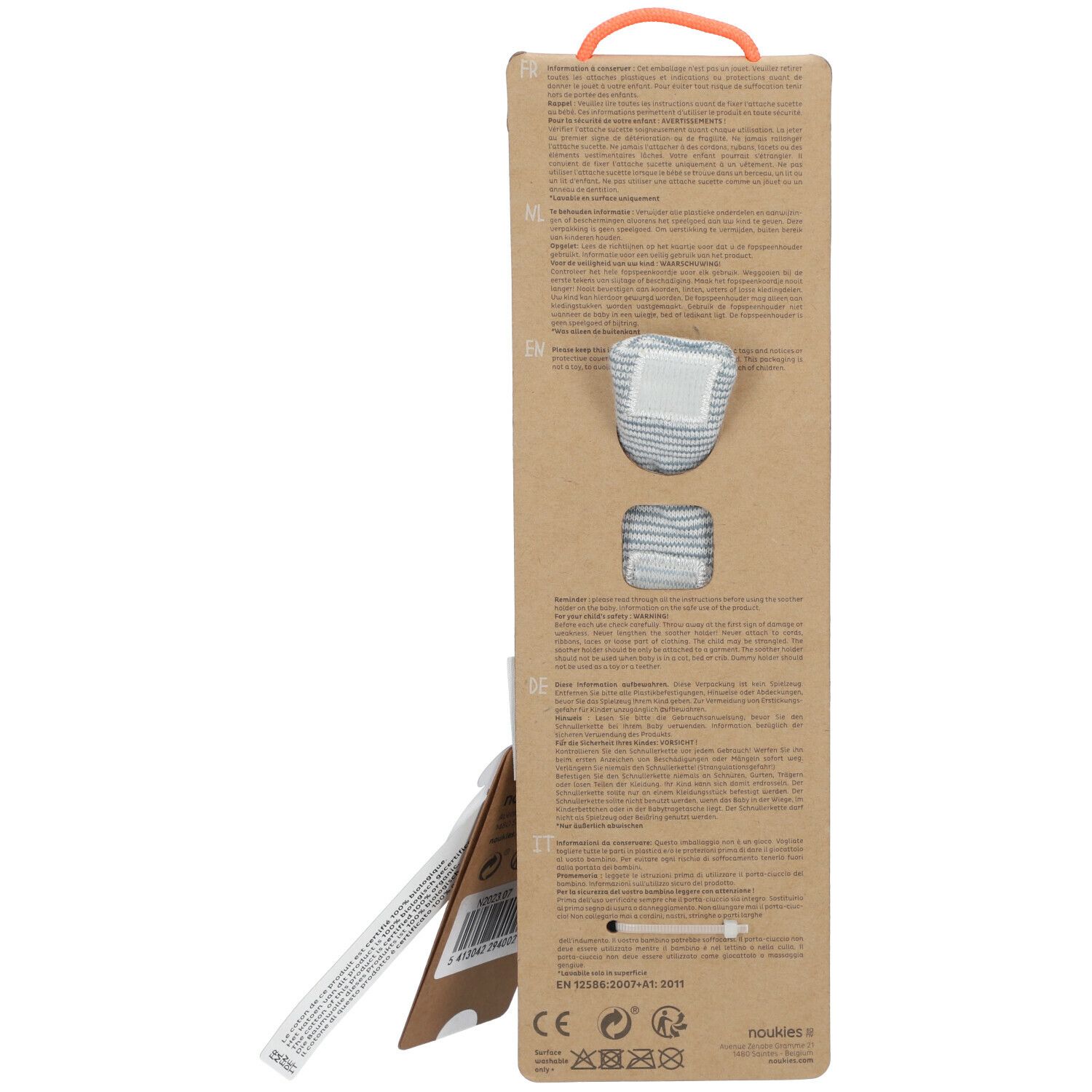 Achterkant van de verpakking van de speenhouder. Meertalige tekst, oranje handvat, product- en onderhoudsinstructies.