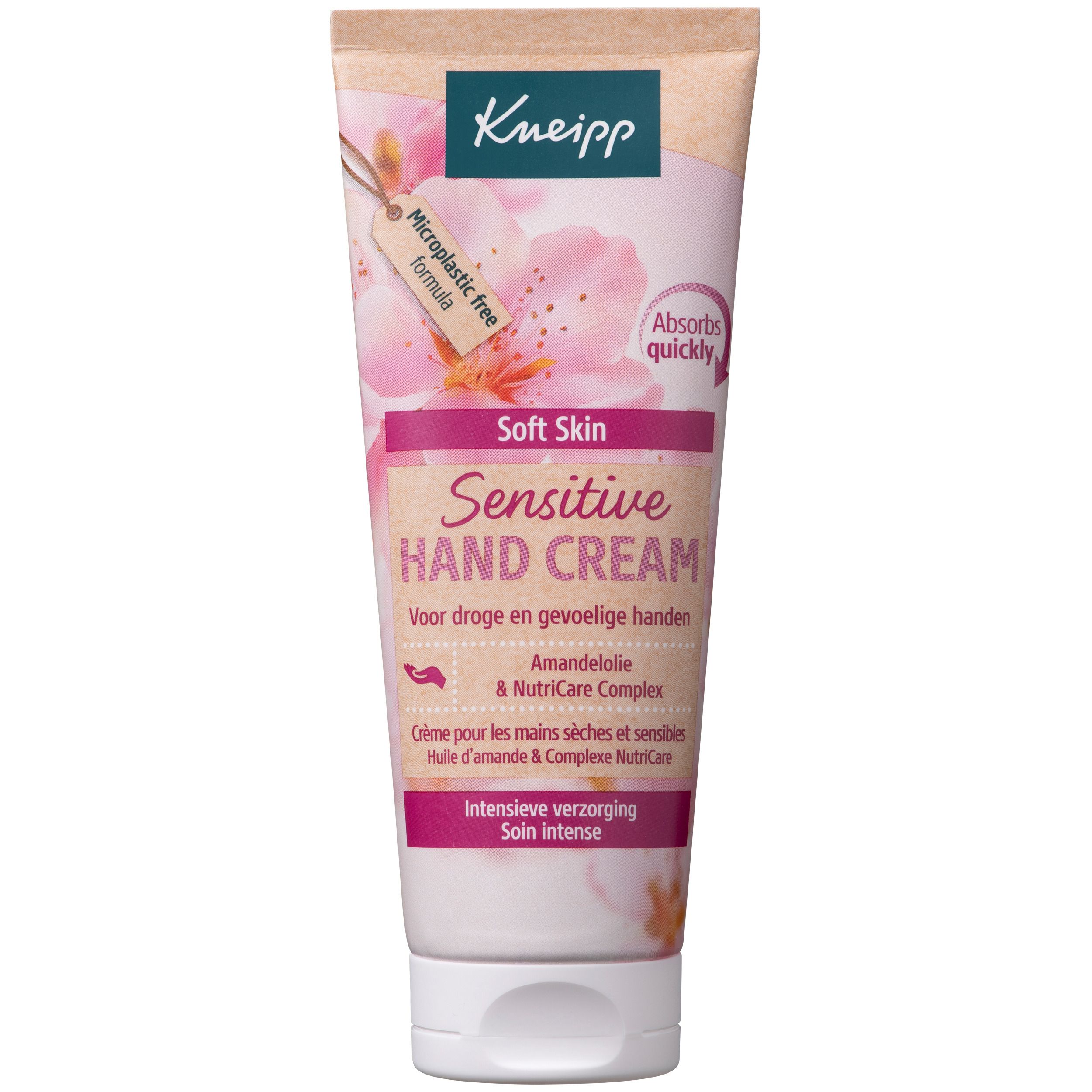 Roze tube Kneipp Sensitive Hand Cream. Amandelolie & NutriCare Complex. Bloemen en tekst.