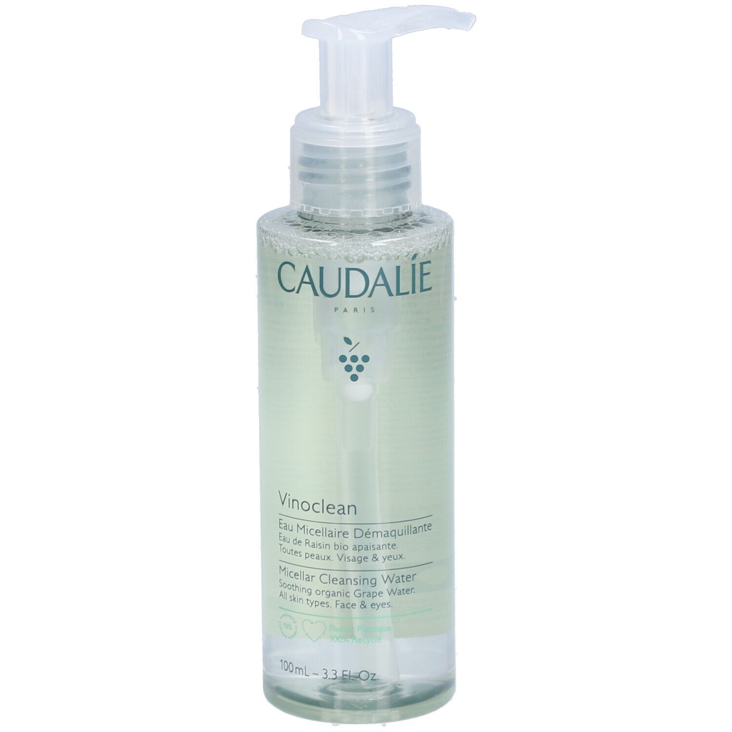 Flacon transparent avec pompe. Inscription Caudalie, Vinoclean, Micellar Cleansing Water. Pour visage et yeux.