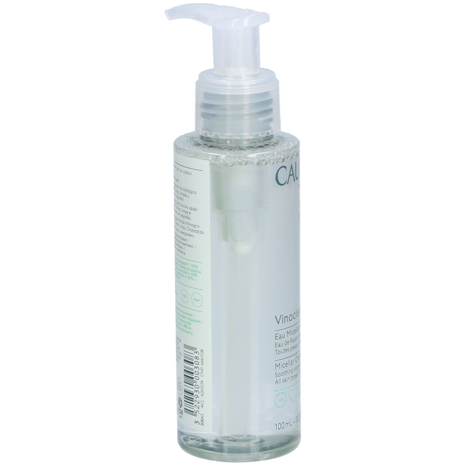 Flacon transparent avec pompe. Inscription Caudalie, Vinoclean, Micellar Cleansing Water. Texte au dos.