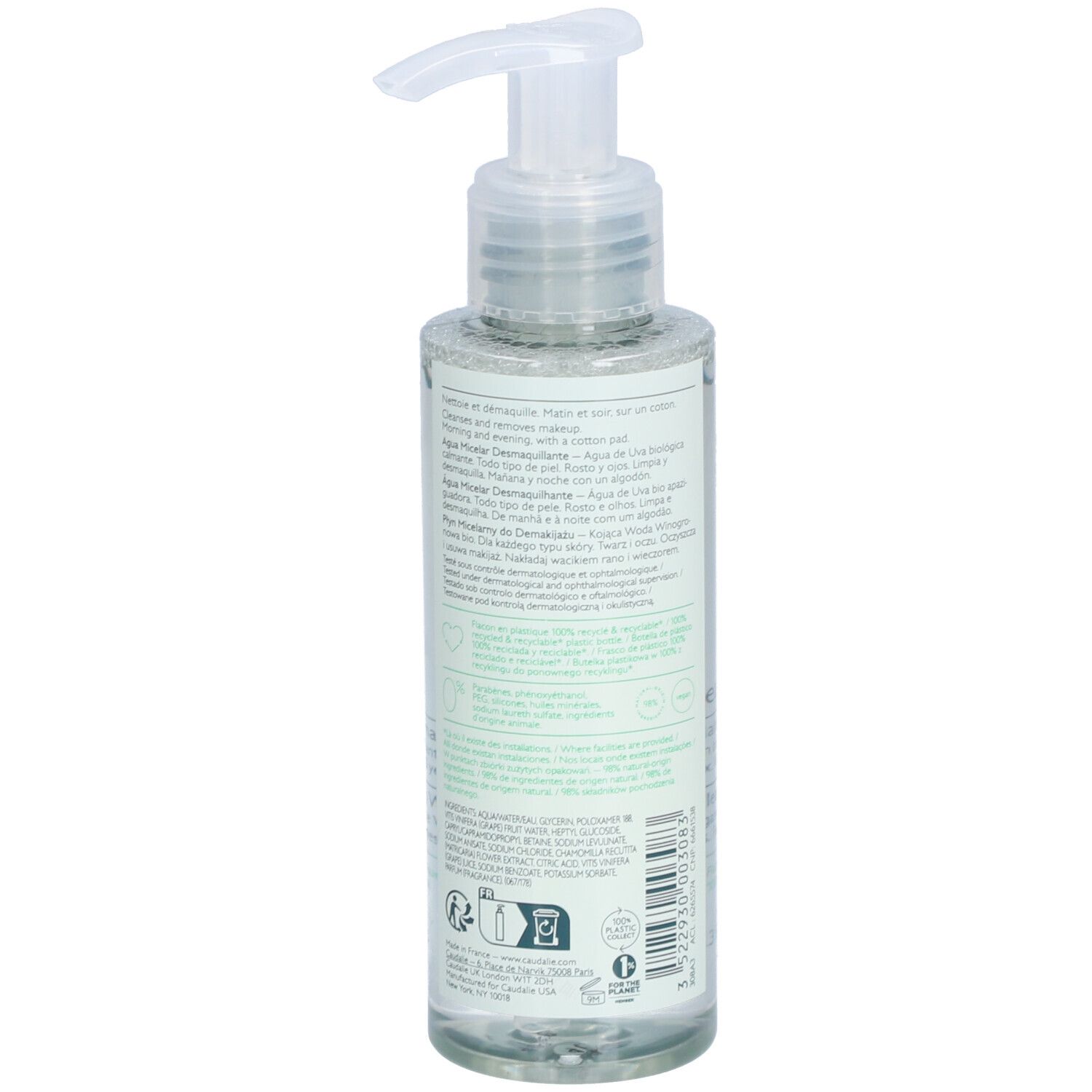 Flacon transparent avec pompe. Texte au dos. Inscription Caudalie, Vinoclean, Micellar Cleansing Water.