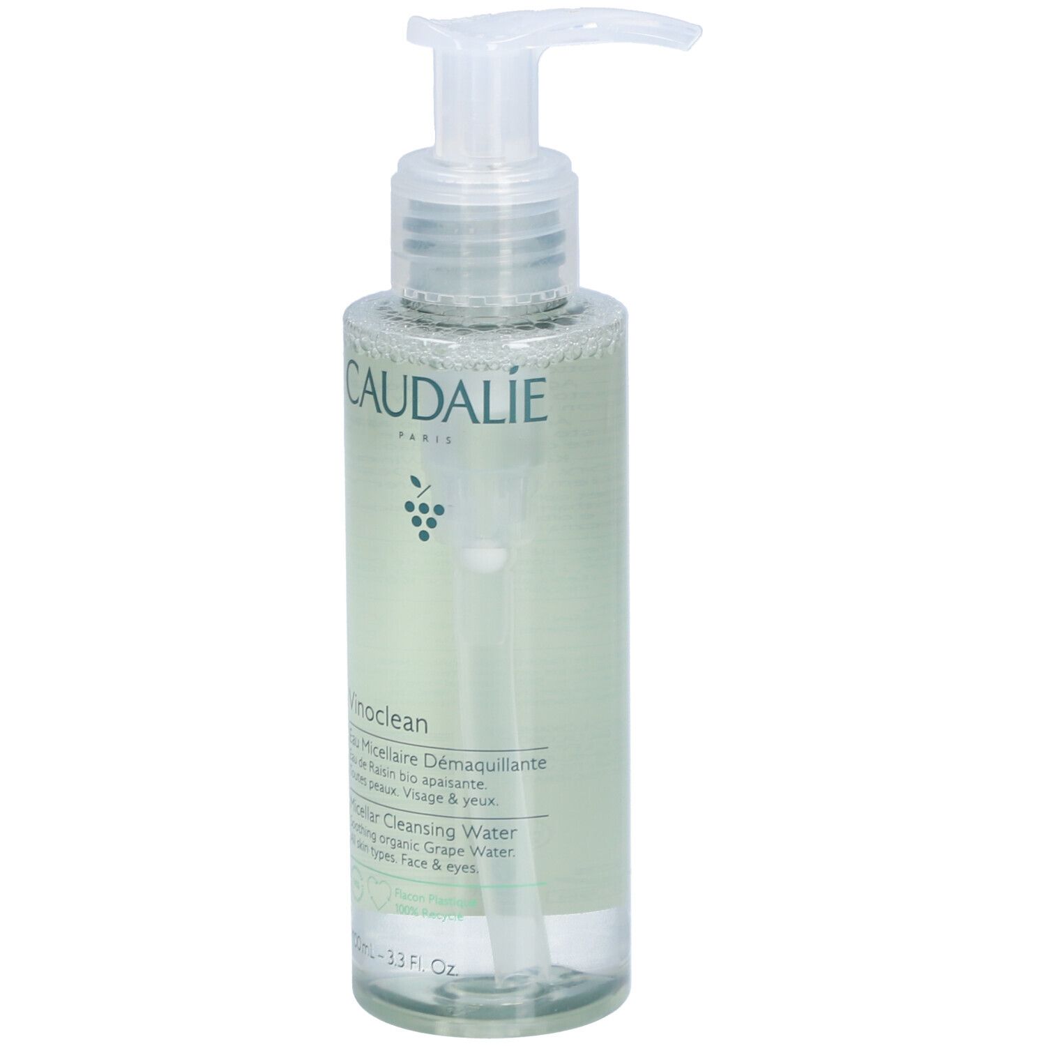 Flacon transparent avec pompe. Inscription Caudalie, Vinoclean, Micellar Cleansing Water. Pour visage et yeux.