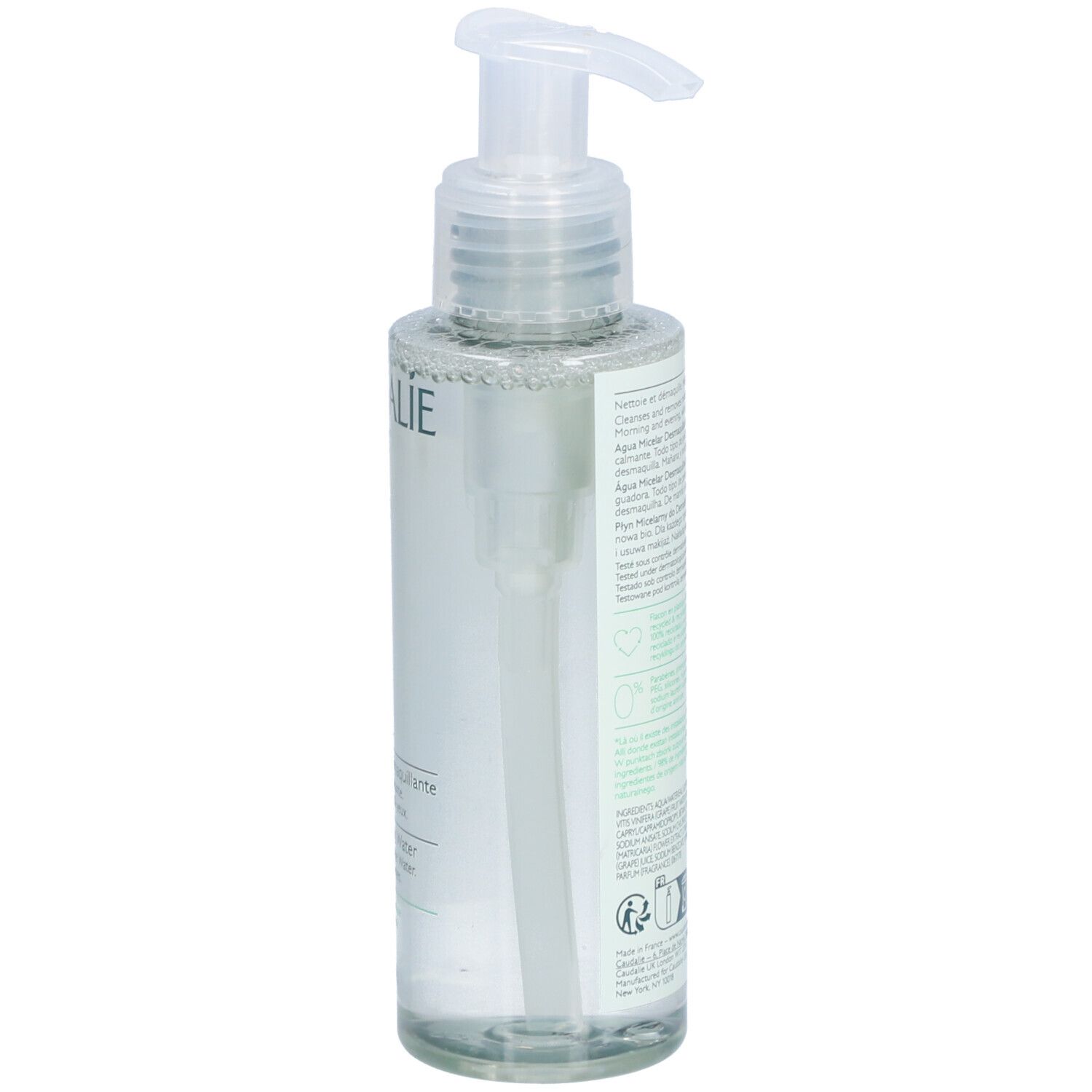 Flacon transparent avec pompe. Texte au dos. Inscription Caudalie, Vinoclean, Micellar Cleansing Water.