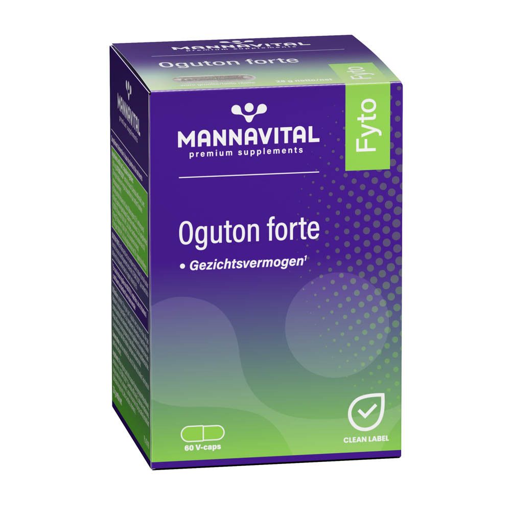 Mannavital Oguton Forte. Boîte violette et verte. 60 V-caps. Logo Mannavital et label "Clean Label".