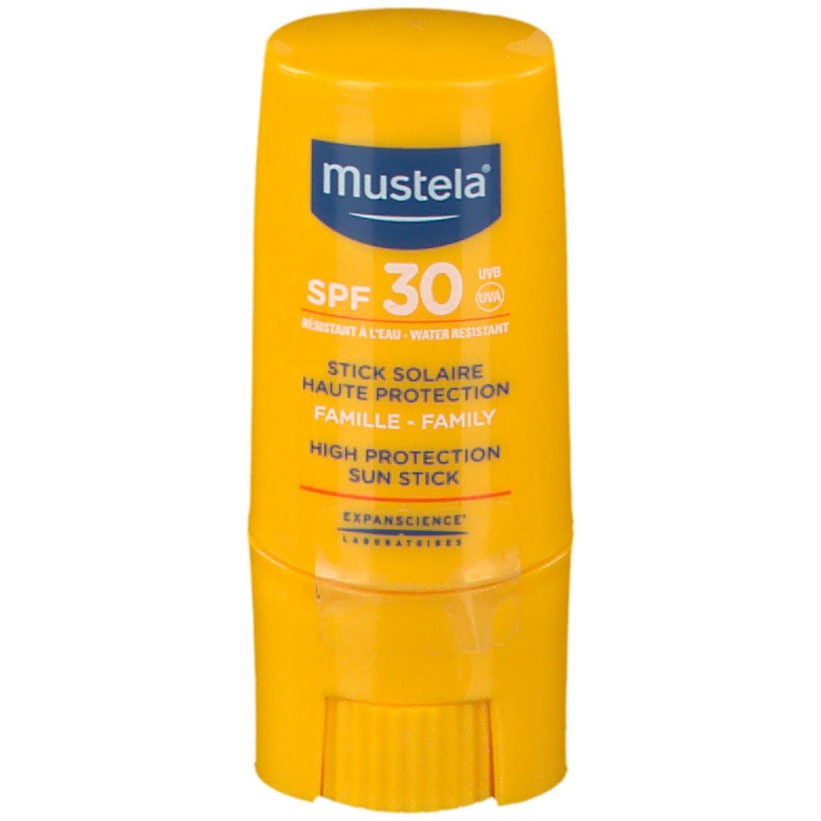 Gele zonnestick met witte tekst 'Mustela' en 'SPF 30'.
