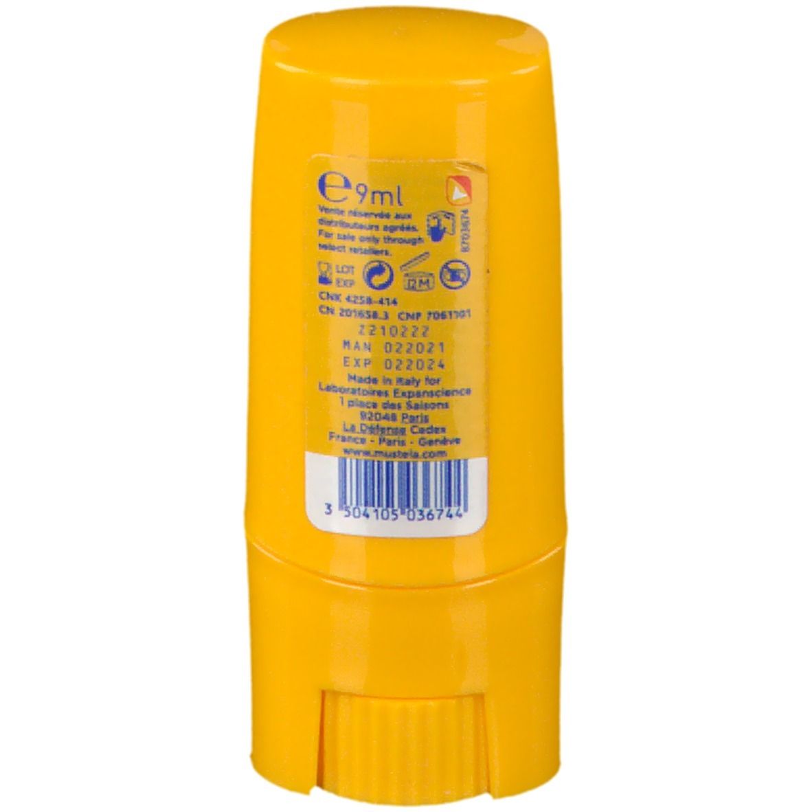 Gele zonnestick, achterkant met informatie en barcode.