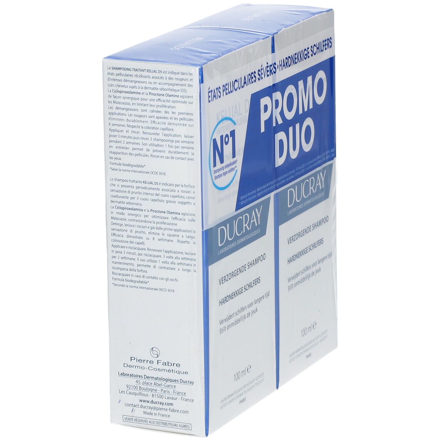 Deux boîtes de shampooing DUCRAY. Vue latérale avec texte. Inscription: PROMO DUO, États Pelliculaires Sévères, 100 ml. Emballage.