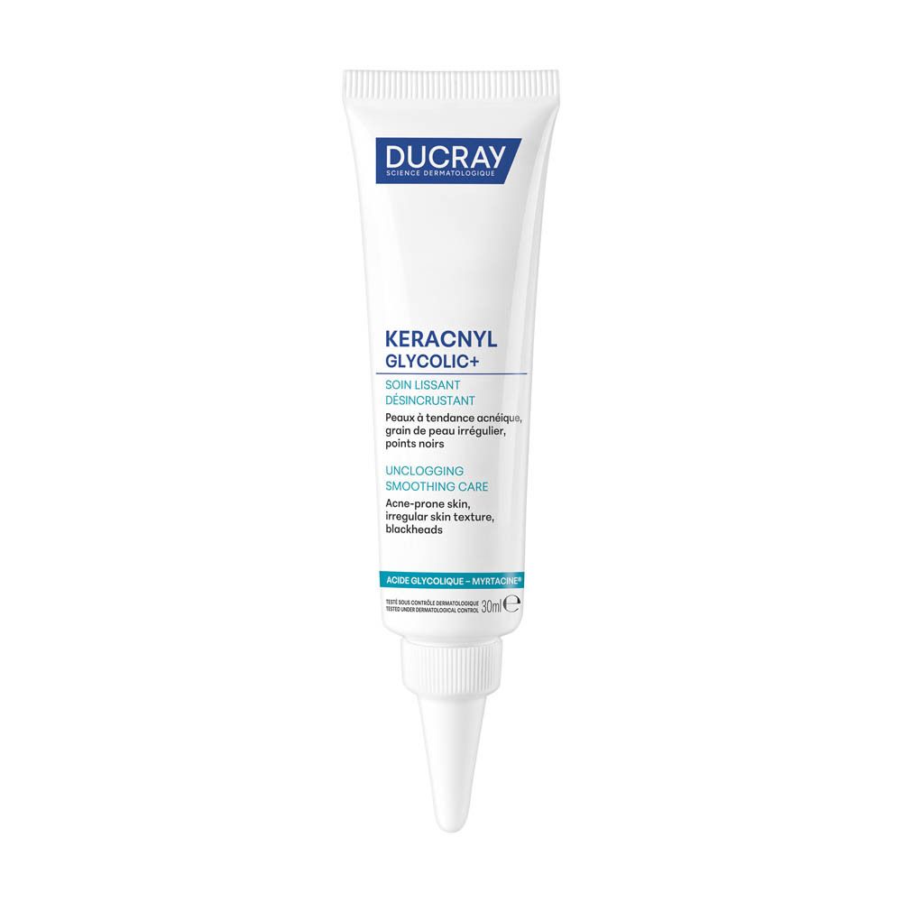 Tube Ducray Keracnyl Glycolic+ crème. Wit met blauwe tekst. Tekst: Soin lissant, Peaux à tendance acnéique, points noirs.