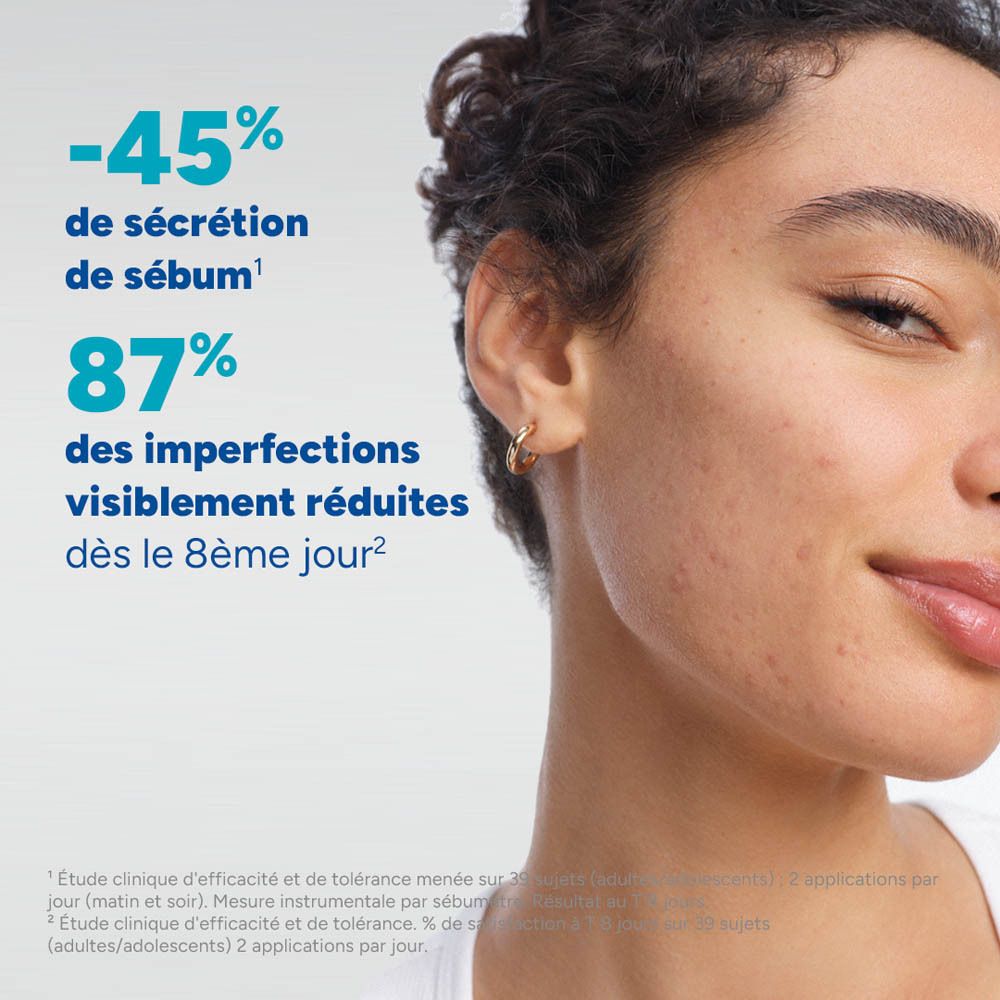 Visage d'une femme. Texte: -45% de sécretion de sébum, 87% des imperfections visiblement réduites dès le 8ème jour.