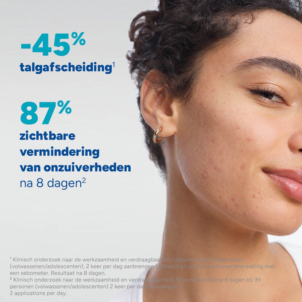 Gezicht van een vrouw. Tekst: -45% talgafscheiding, 87% zichtbare vermindering van onzuiverheden na 8 dagen.