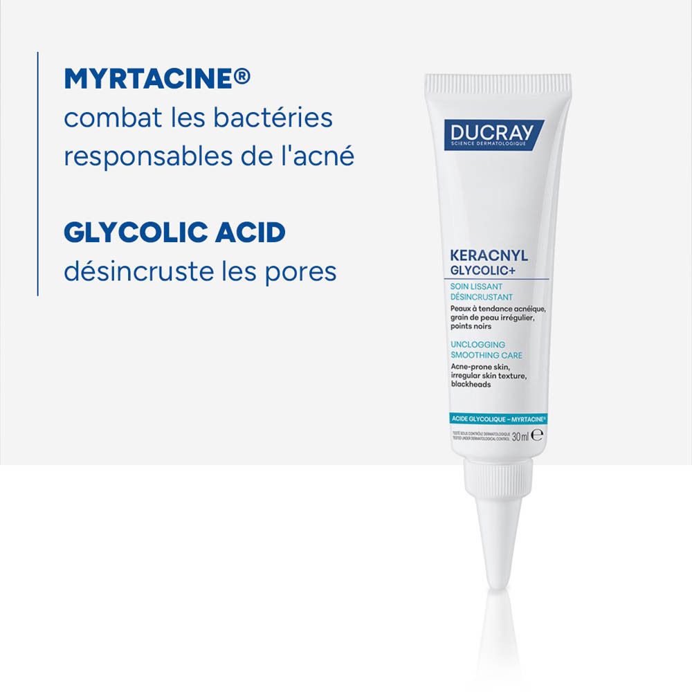 Tube Ducray Keracnyl Glycolic+. Texte: MYRTACINE® combat les bactéries responsables de l'acné, GLYCOLIC ACID désincruste les pores.
