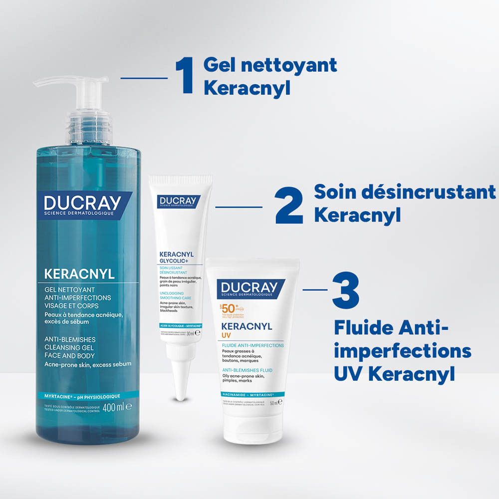 Trois produits: Gel nettoyant Keracnyl, Soin désincrustant Keracnyl, Fluide Anti-imperfections UV Keracnyl.