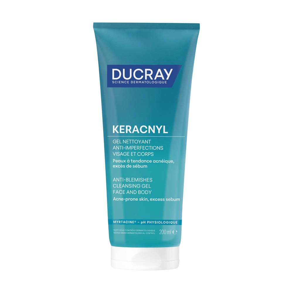 Tube bleu KERACNYL Gel moussant. Visage et corps. Peaux à tendance acnéique. Nettoyant anti-imperfections.