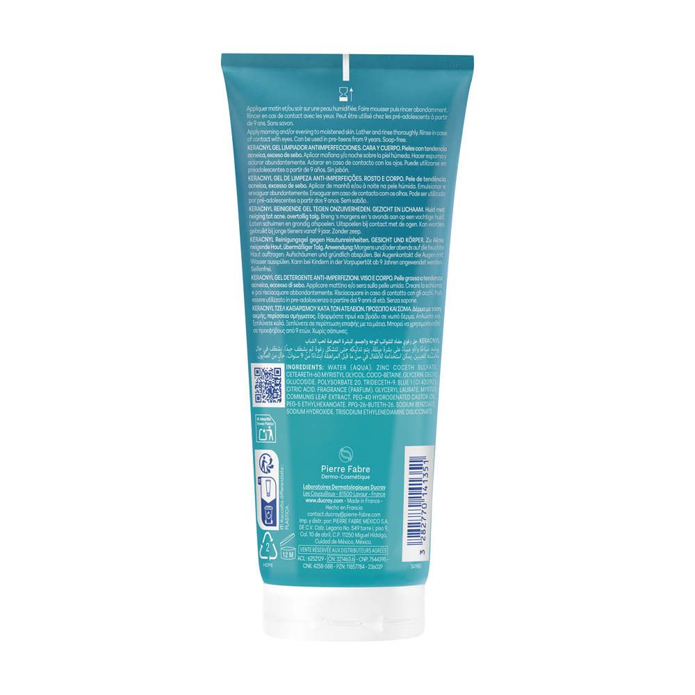 Achterkant blauwe tube KERACNYL Gel moussant. Ingrediënten en instructies in meerdere talen. Pierre Fabre.