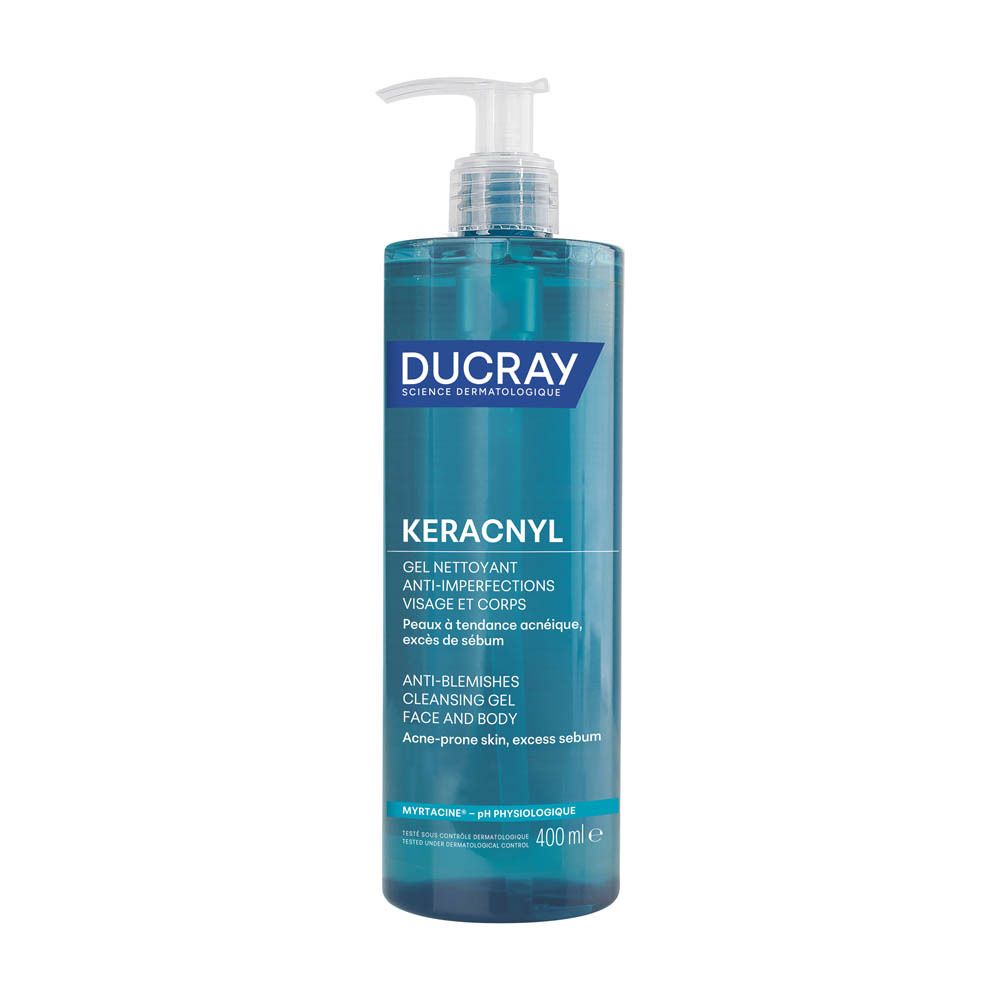 Blauwe transparante fles met pomp. Opschrift: KERACNYL Gel nettoyant, Ducray. 400 ml.
