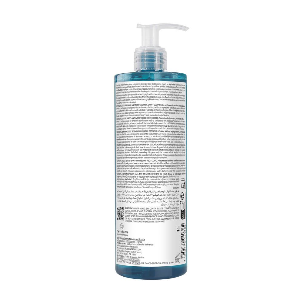Dos du flacon. Texte multilingue. Nom du produit: KERACNYL Gel nettoyant. Avec pompe.