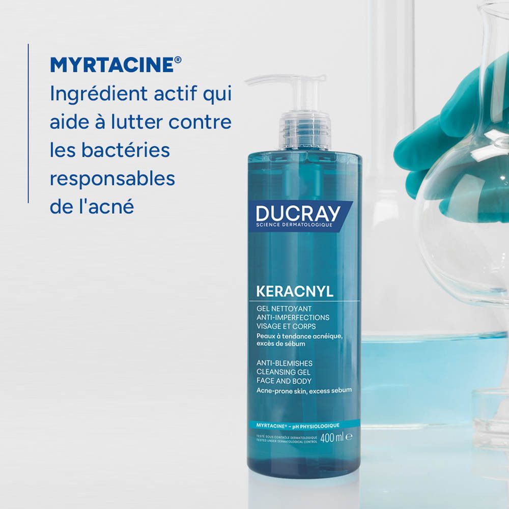 Flacon de produit et matériel de laboratoire. Inscription: KERACNYL Gel nettoyant, Ducray. Pour peau acnéique.