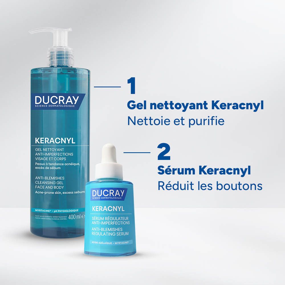 Deux flacons de produit. Inscription: KERACNYL Gel nettoyant et Sérum. Ducray. 400 ml.