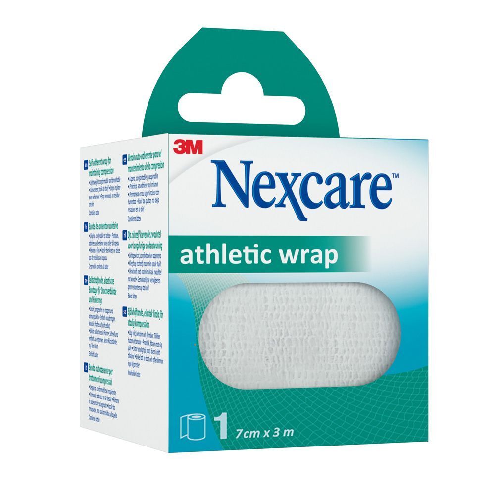 Verpakking Nexcare Athletic Wrap. Witte bandage, 7 cm x 3 m.