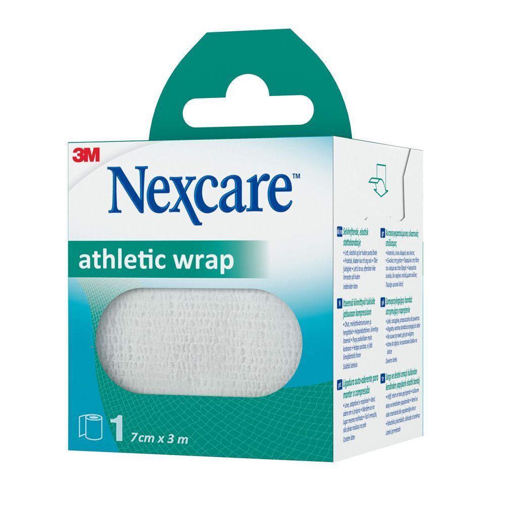 Verpakking Nexcare Athletic Wrap. Witte bandage, 7 cm x 3 m.