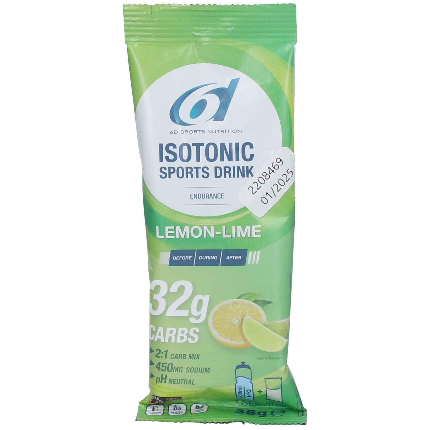 Groene zak met "ISOTONIC SPORTS DRINK". Smaak citroen-limoen. Bevat 32g koolhydraten. Houdbaarheidsdatum: 01/2025.