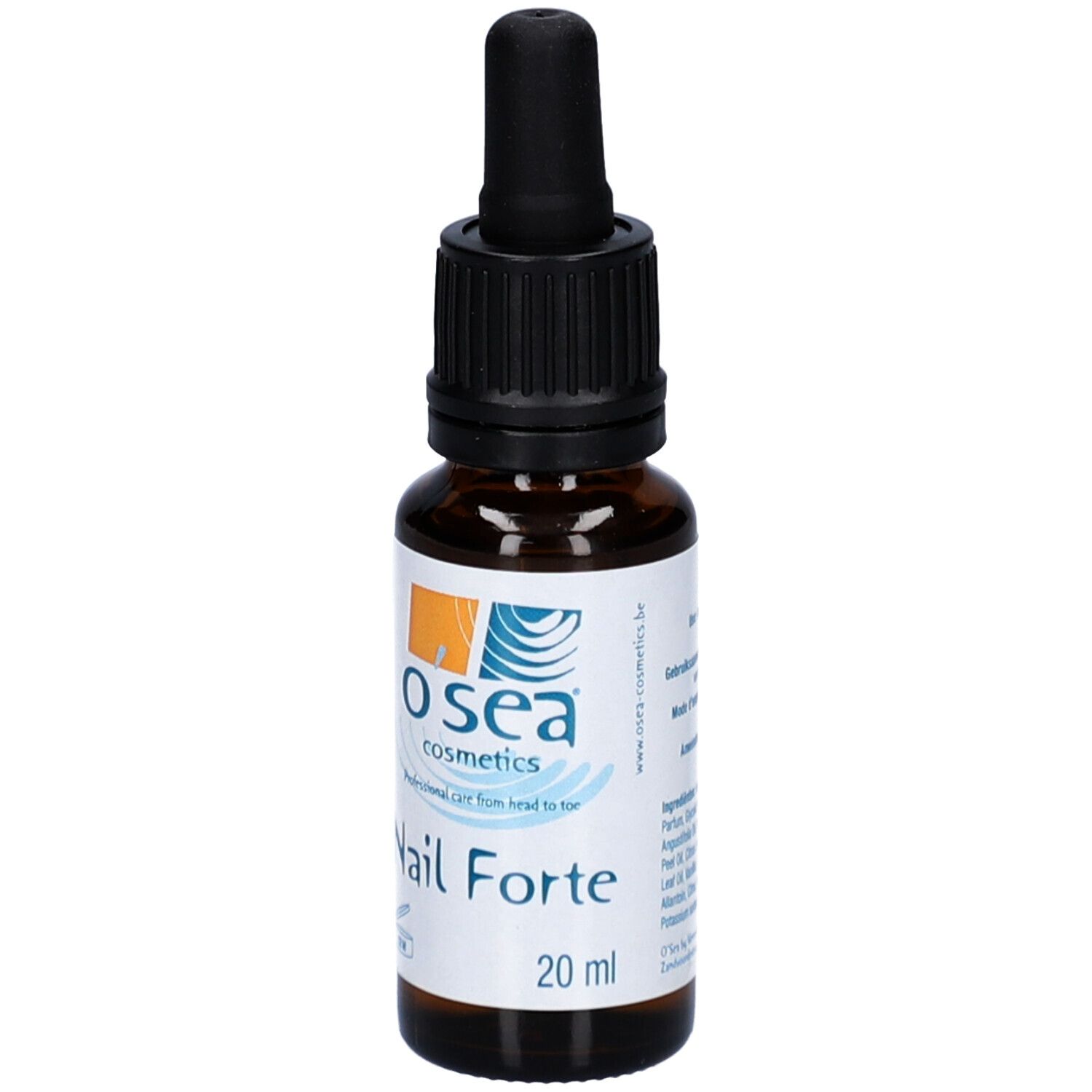 Bruine glazen fles met zwarte druppelaar. Etiket met "O'sea cosmetics" en "Nail Forte".
