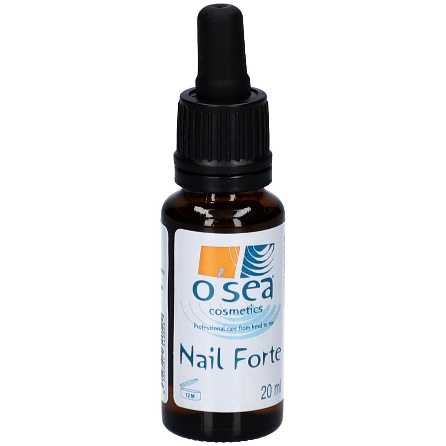 Bruine glazen fles met zwarte druppelaar. Etiket met "O'sea cosmetics" en "Nail Forte".