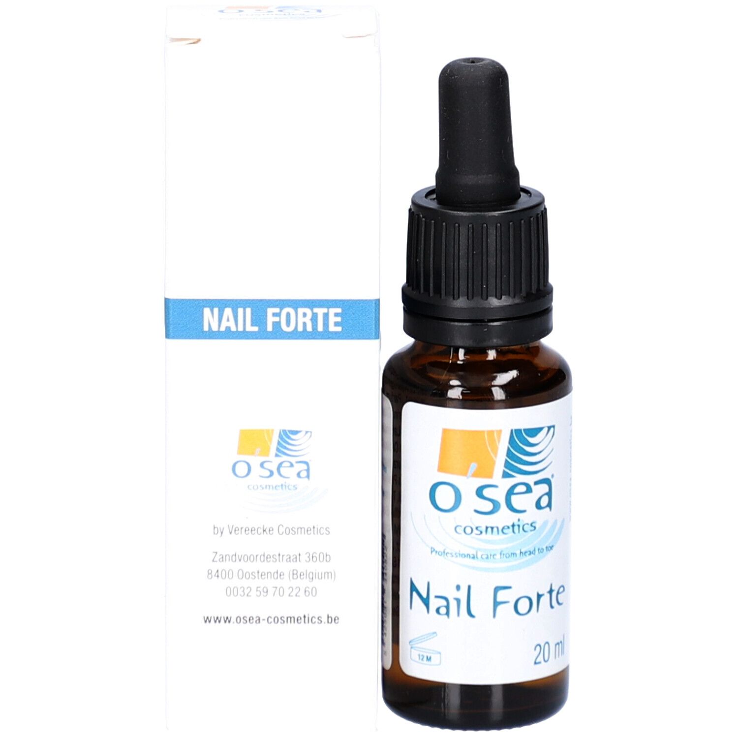 Productfles met verpakking. Witte doos met blauwe streep en "Nail Forte".
