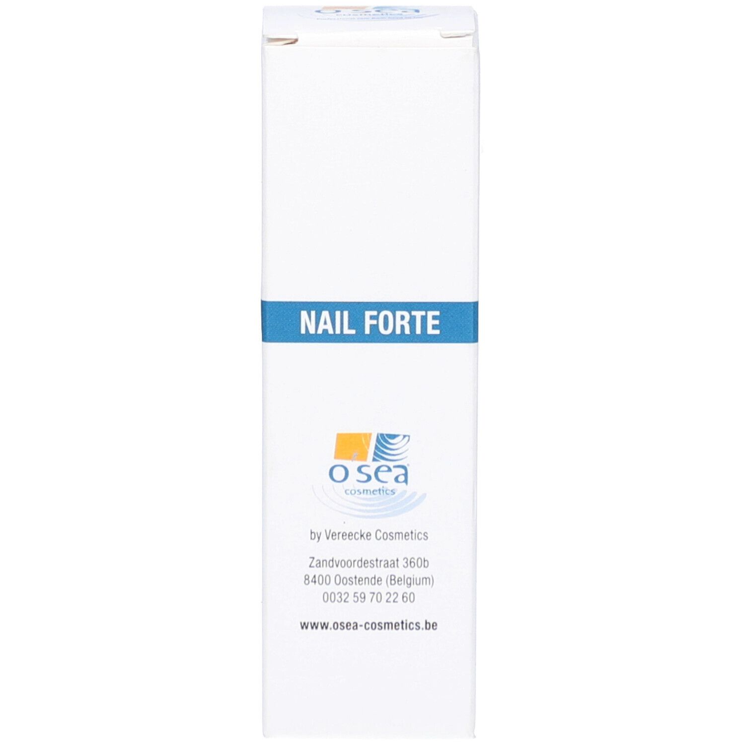 Witte doos met blauwe streep en "Nail Forte". Tekst en logo.