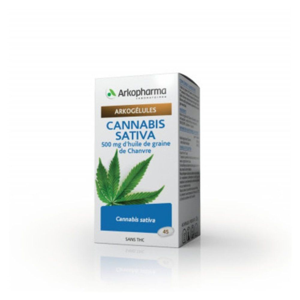 Witte doos met Cannabis Sativa, 500 mg hennepzaadolie. 45 capsules.