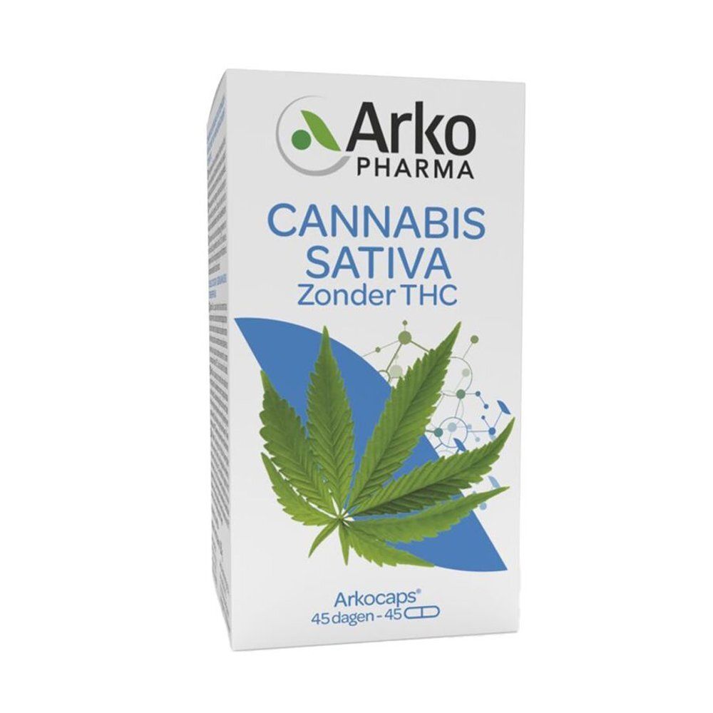 Boîte blanche avec Cannabis Sativa, sans THC. 45 gélules. Arko Pharma.