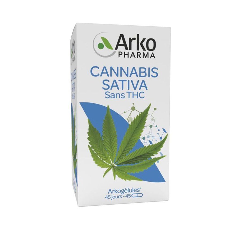 Witte doos met Cannabis Sativa, zonder THC. 45 capsules. Arko Pharma.