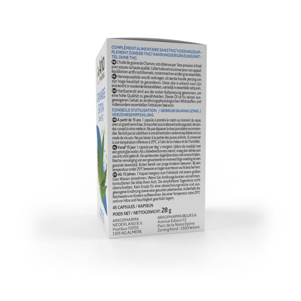 Dos de la boîte blanche. Informations textuelles et ingrédients. Sans THC.