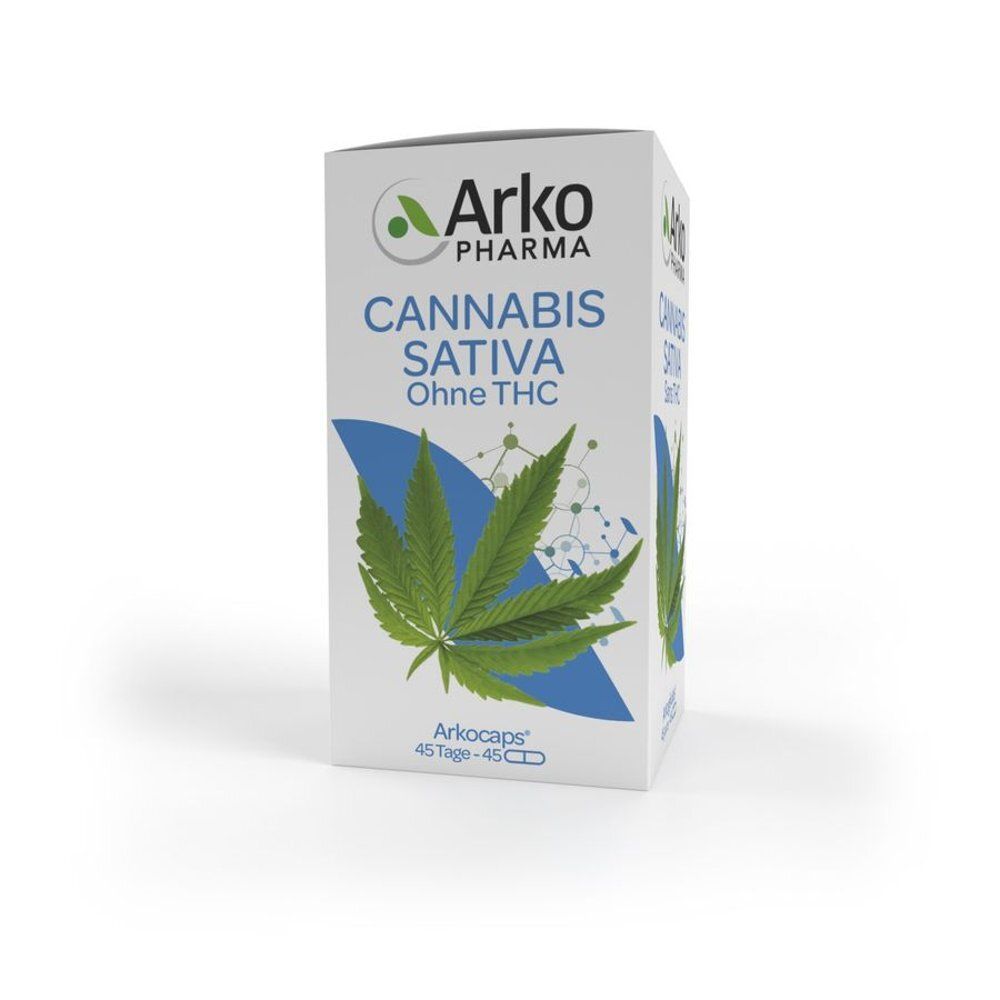 Witte doos met Cannabis Sativa, zonder THC. 45 capsules. Arko Pharma.