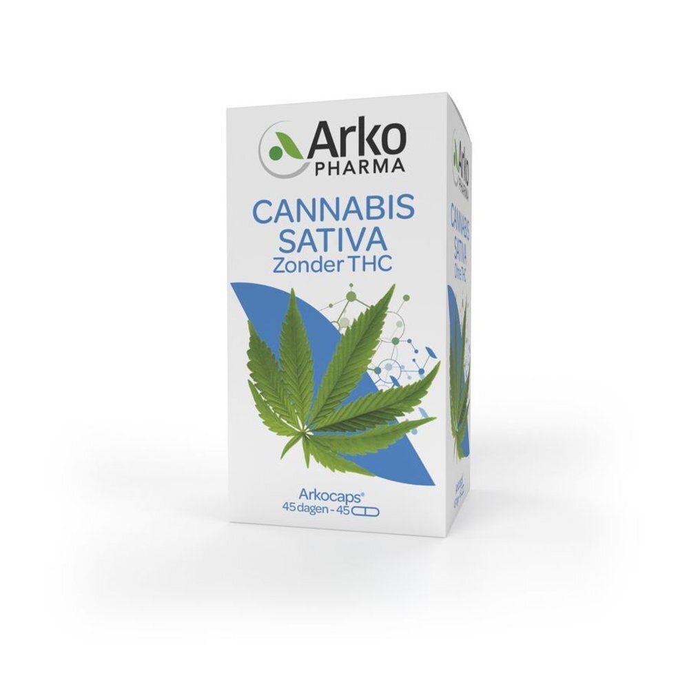 Witte doos met Cannabis Sativa, zonder THC. 45 capsules. Arko Pharma.