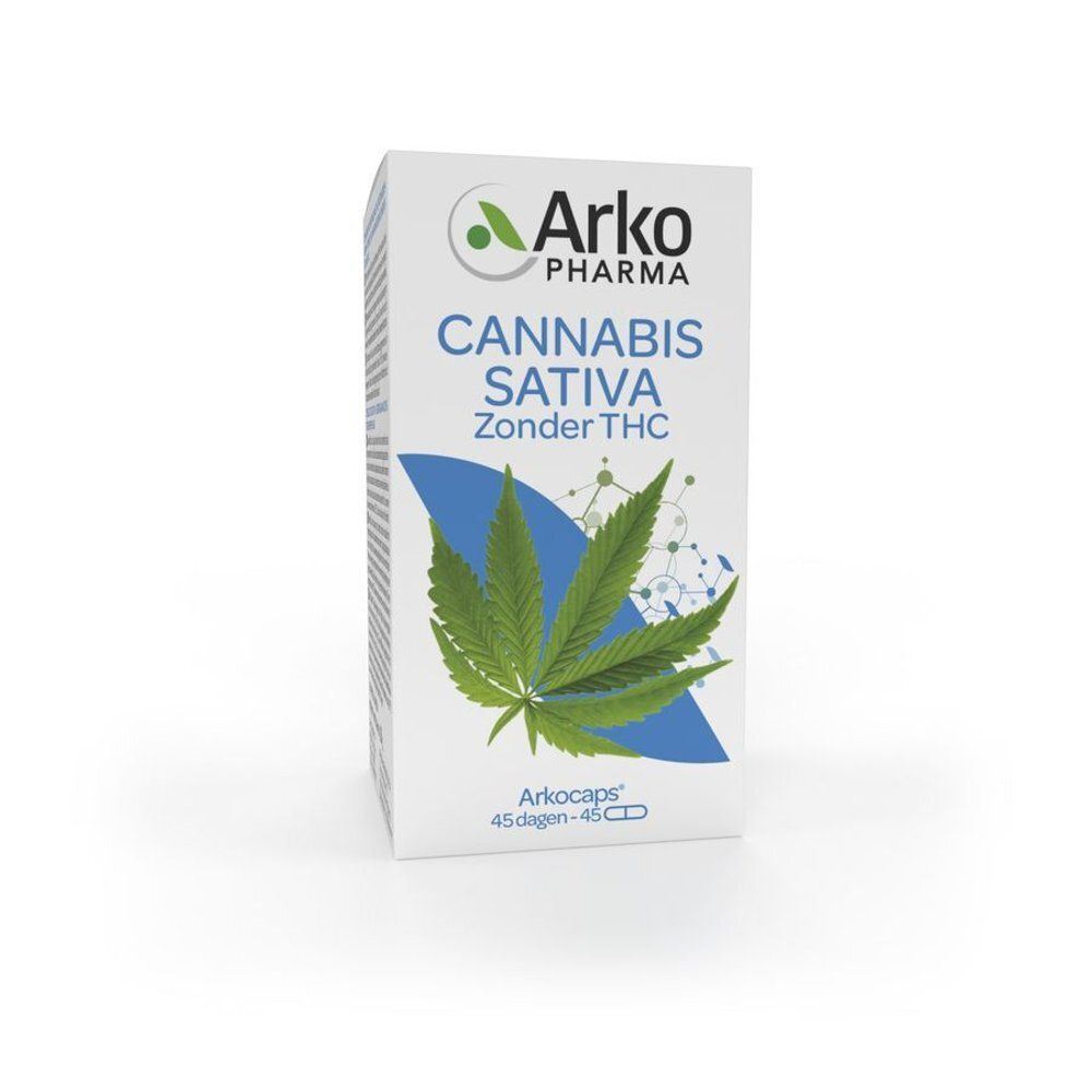 Boîte blanche avec Cannabis Sativa, sans THC. 45 gélules. Arko Pharma.