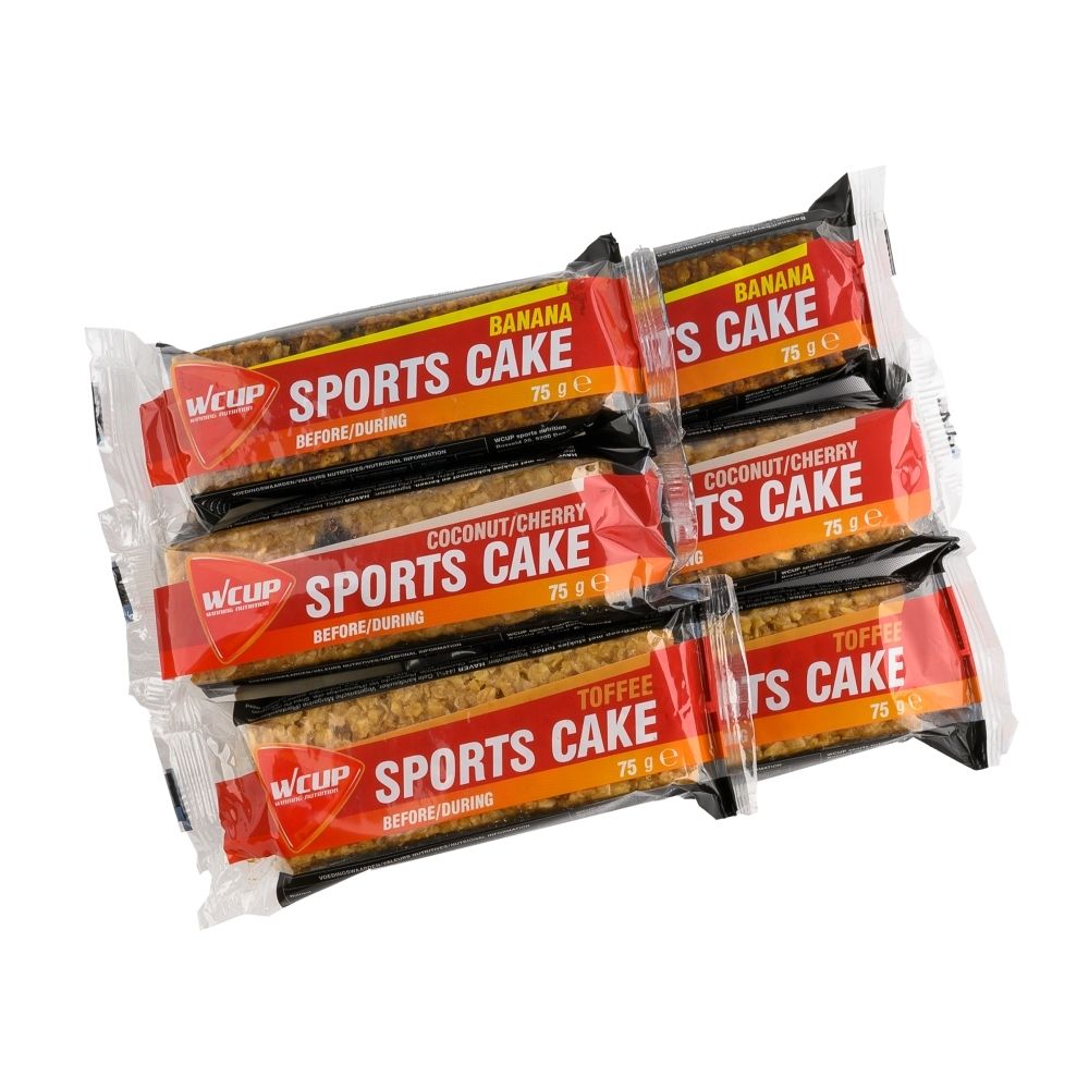 Zes individueel verpakte sportrepen in de smaken banaan, kokosnoot/kers en toffee.