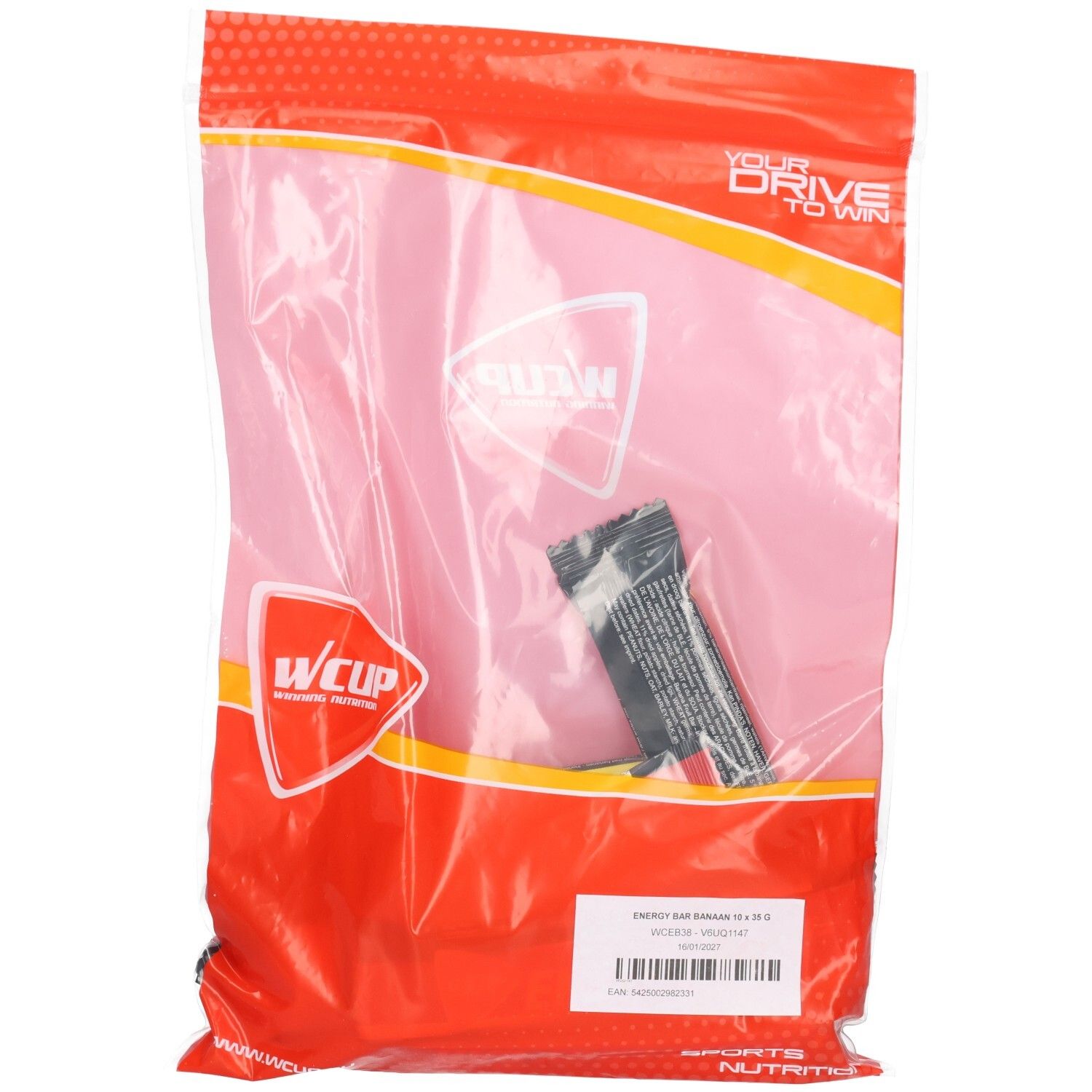 Emballage transparent avec barre énergétique. Inscription: Wcup, texte et code-barres. Emballage rouge.